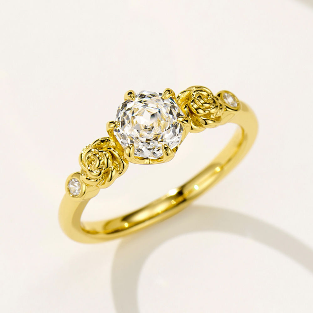 Floral Engagement Ring – Rose Detail, Gold Plated with Zircons