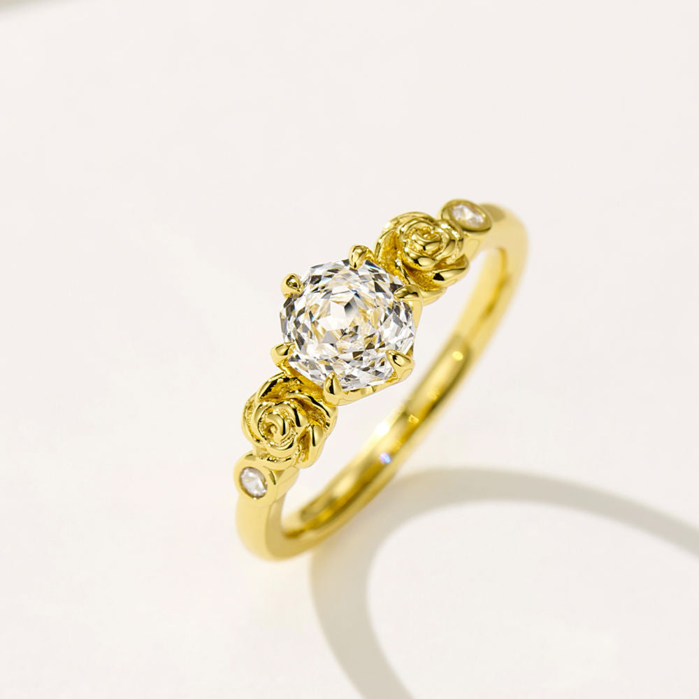 Floral Engagement Ring – Rose Detail, Gold Plated with Zircons