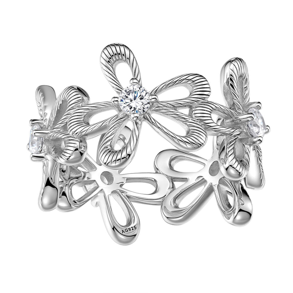 Floral Openwork Ring – S925 Silver, White Gold-Plated with Zircons