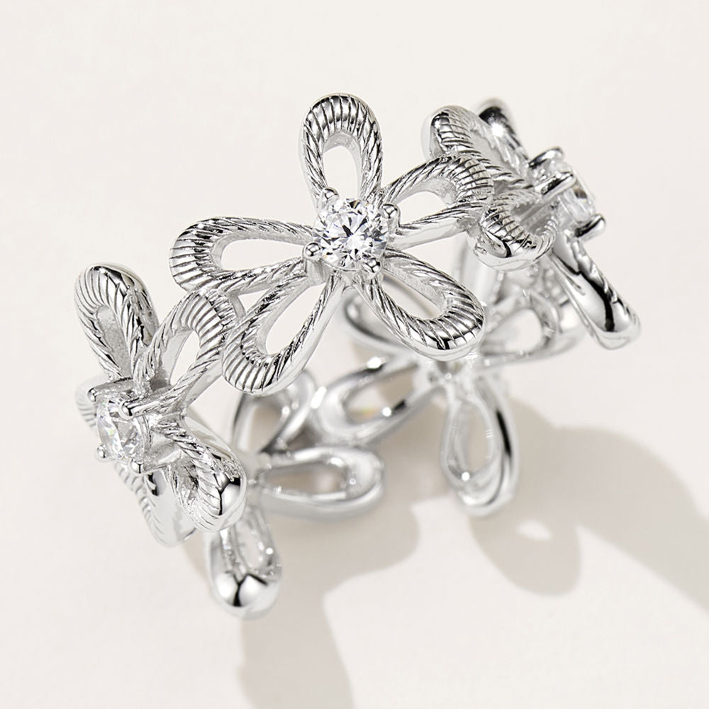 Floral Openwork Ring – S925 Silver, White Gold-Plated with Zircons