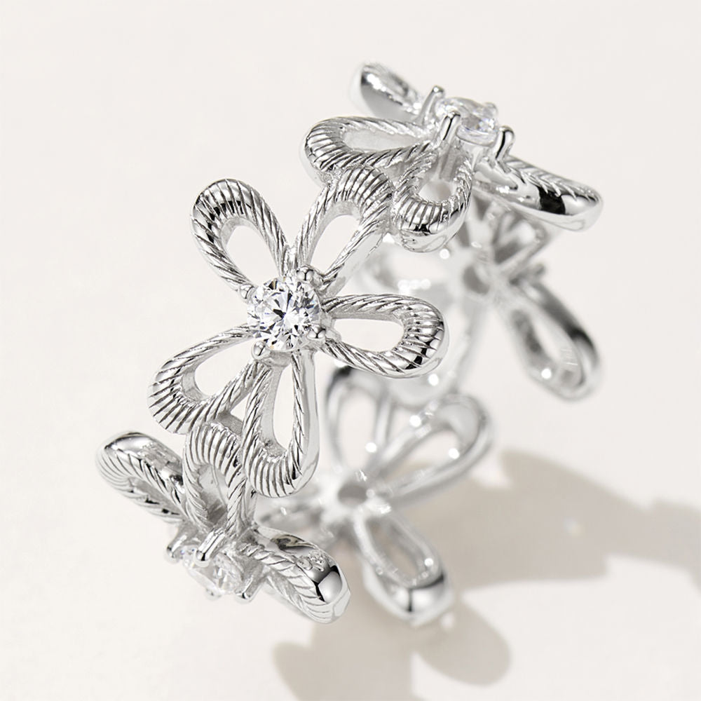 Floral Openwork Ring – S925 Silver, White Gold-Plated with Zircons