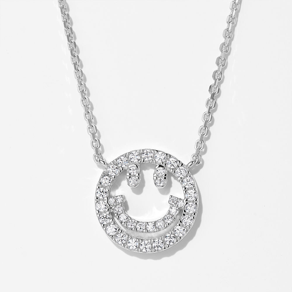 Smiley Face Pendant Necklace, Cubic Zirconia Accents Silver Tone, Everyday Jewelry Gift