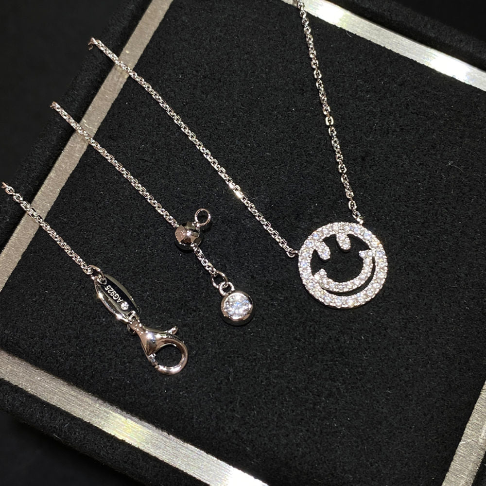 Smiley Face Pendant Necklace, Cubic Zirconia Accents Silver Tone, Everyday Jewelry Gift