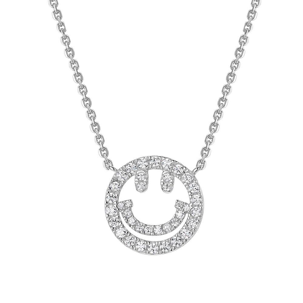 Smiley Face Necklace – Silver-Tone Pendant with Zircon Accents