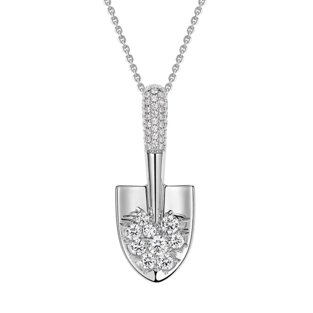 Shovel Pendant Necklace – 50cm Silver-Tone Chain with Zircon Accents