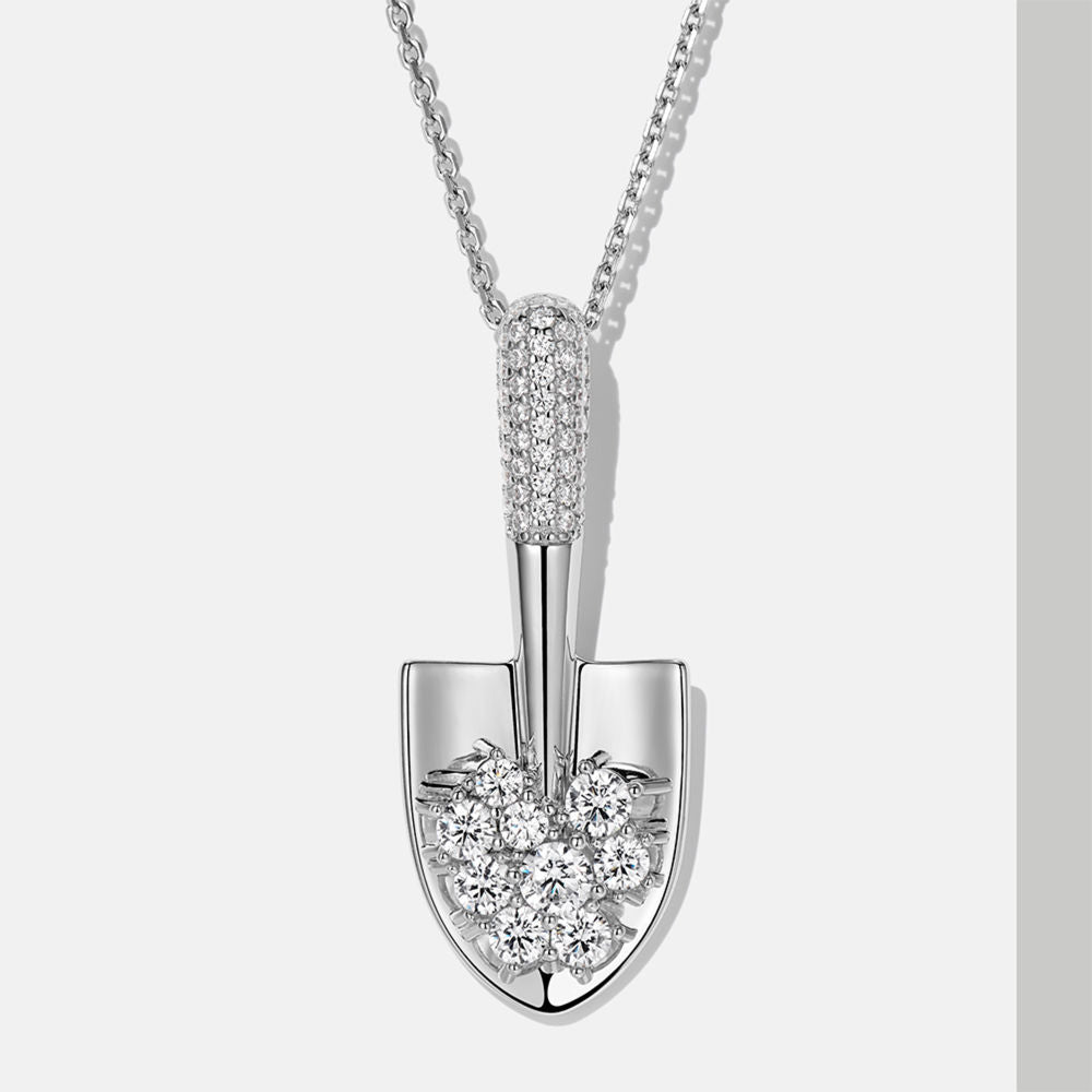 Shovel Pendant Necklace – 50cm Silver-Tone Chain with Zircon Accents