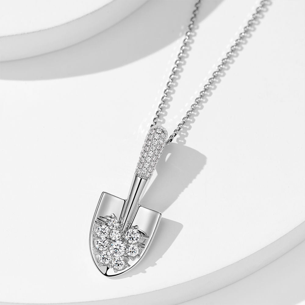 Shovel Pendant Necklace – 50cm Silver-Tone Chain with Zircon Accents