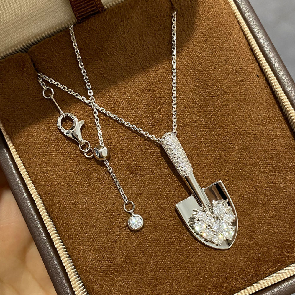 Shovel Pendant Necklace – 50cm Silver-Tone Chain with Zircon Accents