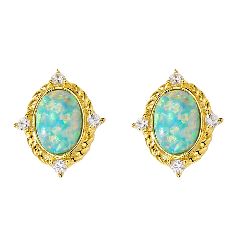 Oval Opal Stud Earrings – 5×7mm Gold-Tone with Zircon Accents