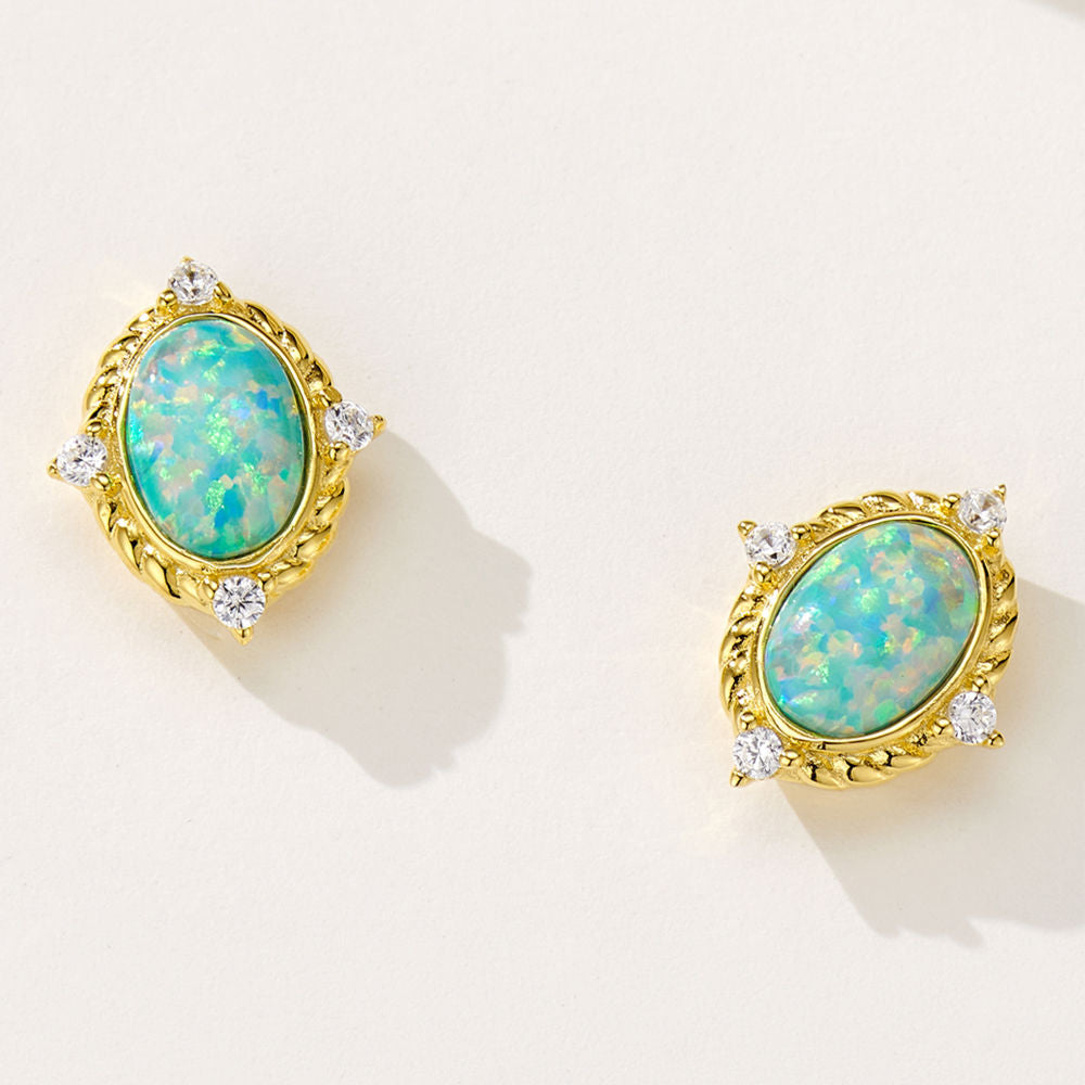 Oval Opal Stud Earrings – 5×7mm Gold-Tone with Zircon Accents