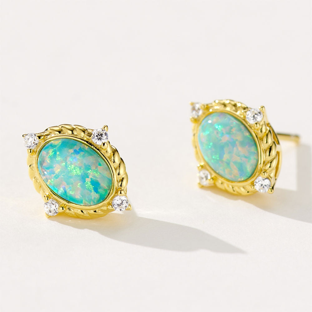 Oval Opal Stud Earrings – 5×7mm Gold-Tone with Zircon Accents