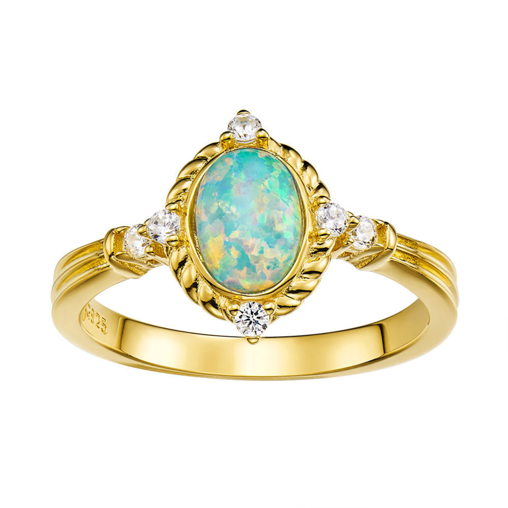 18K Gold Plated S925 Ring with 5x7mm Oval Opal and Cubic Zirconia Accents