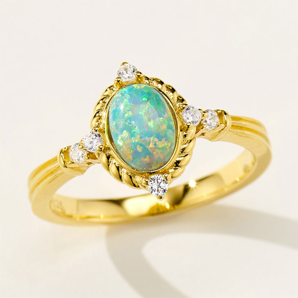18K Gold Plated S925 Ring with 5x7mm Oval Opal and Cubic Zirconia Accents