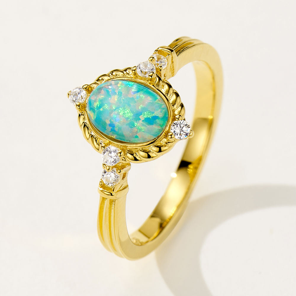 18K Gold Plated S925 Ring with 5x7mm Oval Opal and Cubic Zirconia Accents