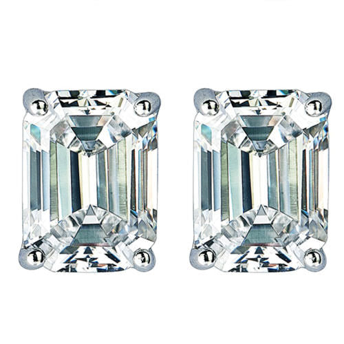 Emerald-Cut Zircon Stud Earrings 6x8mm – Classic Silver Setting