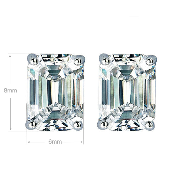 Emerald-Cut Zircon Stud Earrings 6x8mm – Classic Silver Setting