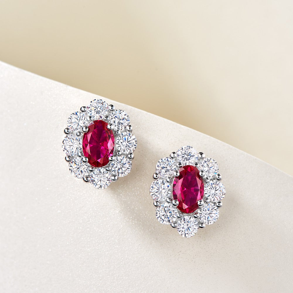 Elegant Oval Red Lab-Created Gemstone Stud Earrings with Zircon Halo | Rhodium-Plated S925 Silver