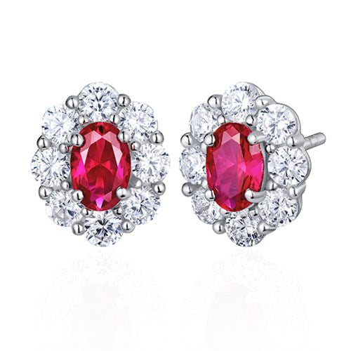 Elegant Oval Red Lab-Created Gemstone Stud Earrings with Zircon Halo | Rhodium-Plated S925 Silver