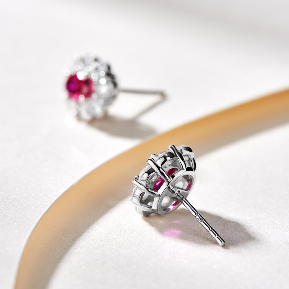 Elegant Oval Red Lab-Created Gemstone Stud Earrings with Zircon Halo | Rhodium-Plated S925 Silver