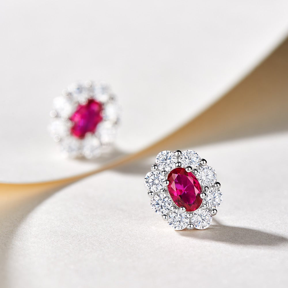Elegant Oval Red Lab-Created Gemstone Stud Earrings with Zircon Halo | Rhodium-Plated S925 Silver