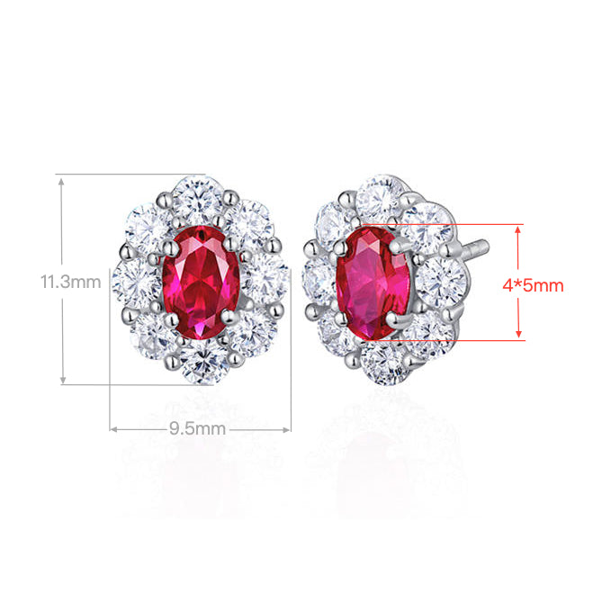 Elegant Oval Red Lab-Created Gemstone Stud Earrings with Zircon Halo | Rhodium-Plated S925 Silver