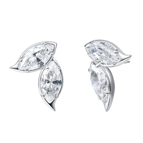 Sterling Silver Double Leaf Zircon Stud Earrings – White Gold Plated, Marquise Cut, Hypoallergenic