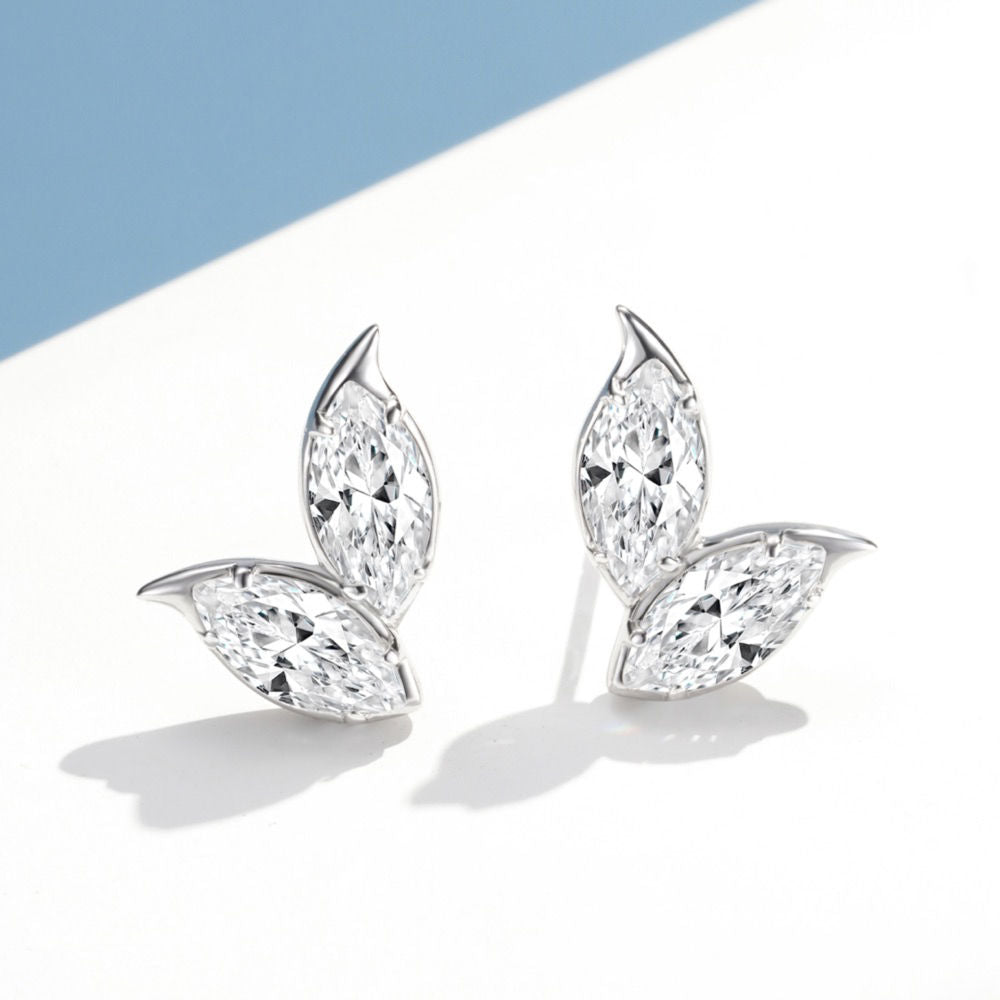 Double Leaf Stud Earrings, Marquise Cut Cubic Zirconia White Gold Plated Sterling Silver, Everyday Jewelry Gift