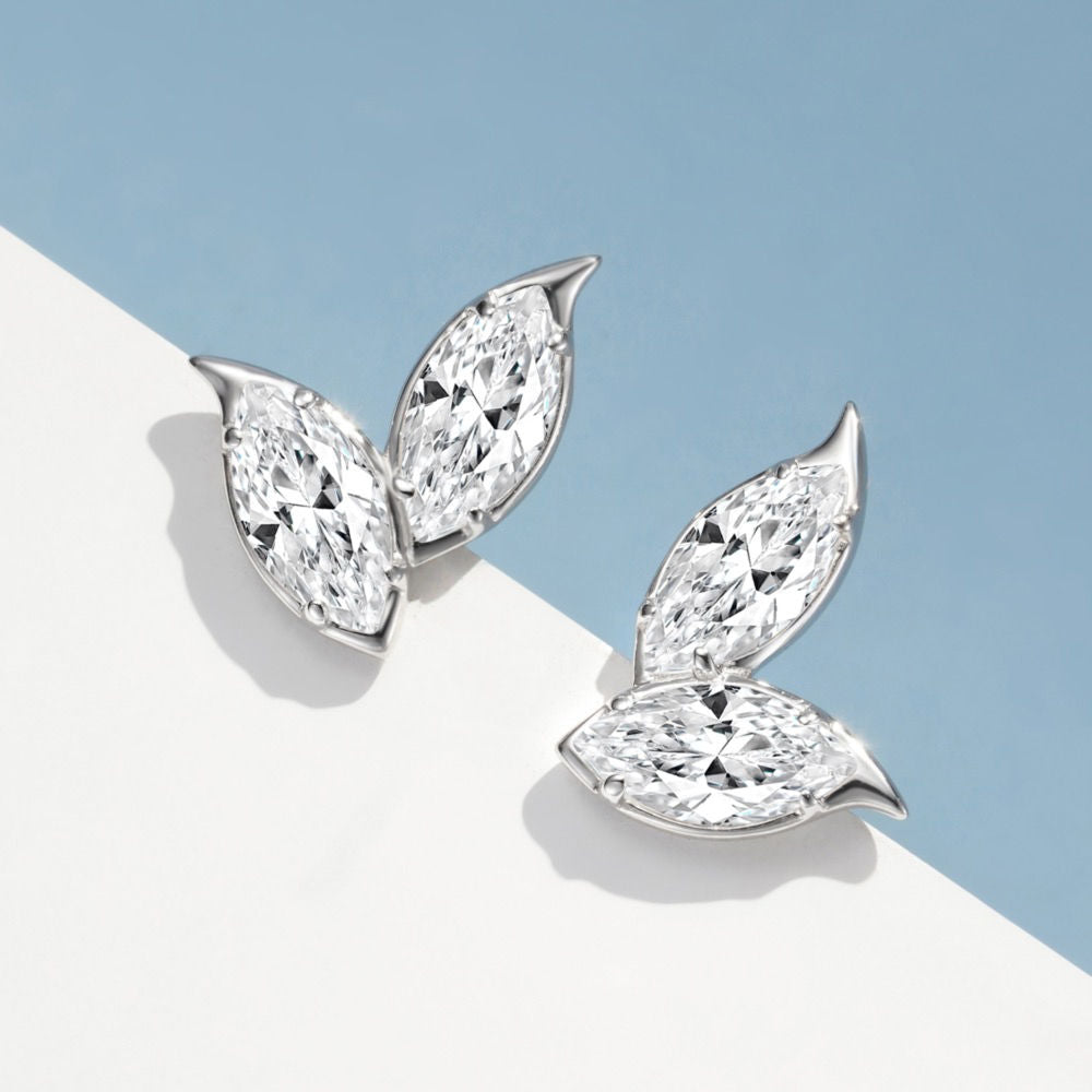 Double Leaf Stud Earrings, Marquise Cut Cubic Zirconia White Gold Plated Sterling Silver, Everyday Jewelry Gift