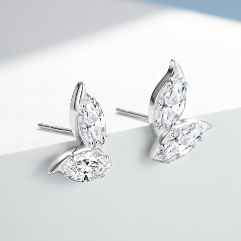 Double Leaf Stud Earrings, Marquise Cut Cubic Zirconia White Gold Plated Sterling Silver, Everyday Jewelry Gift
