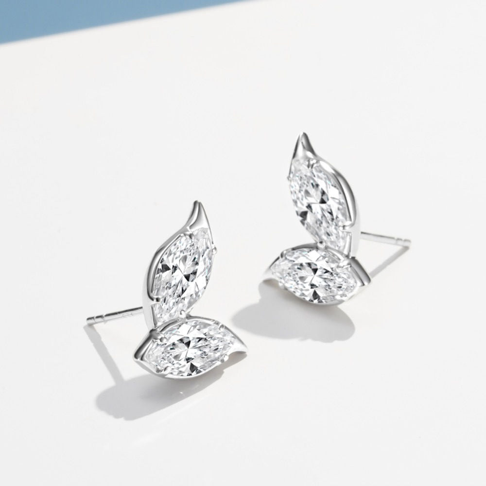 Double Leaf Stud Earrings, Marquise Cut Cubic Zirconia White Gold Plated Sterling Silver, Everyday Jewelry Gift