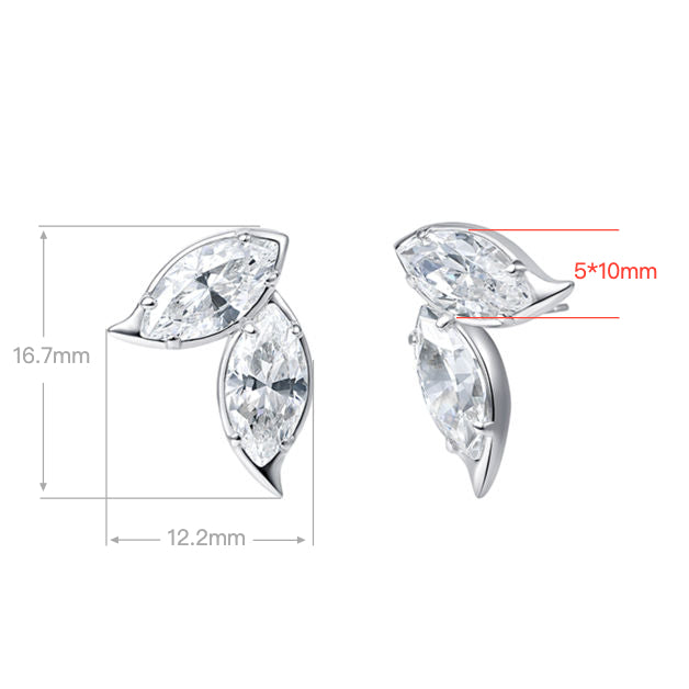 Double Leaf Stud Earrings, Marquise Cut Cubic Zirconia White Gold Plated Sterling Silver, Everyday Jewelry Gift