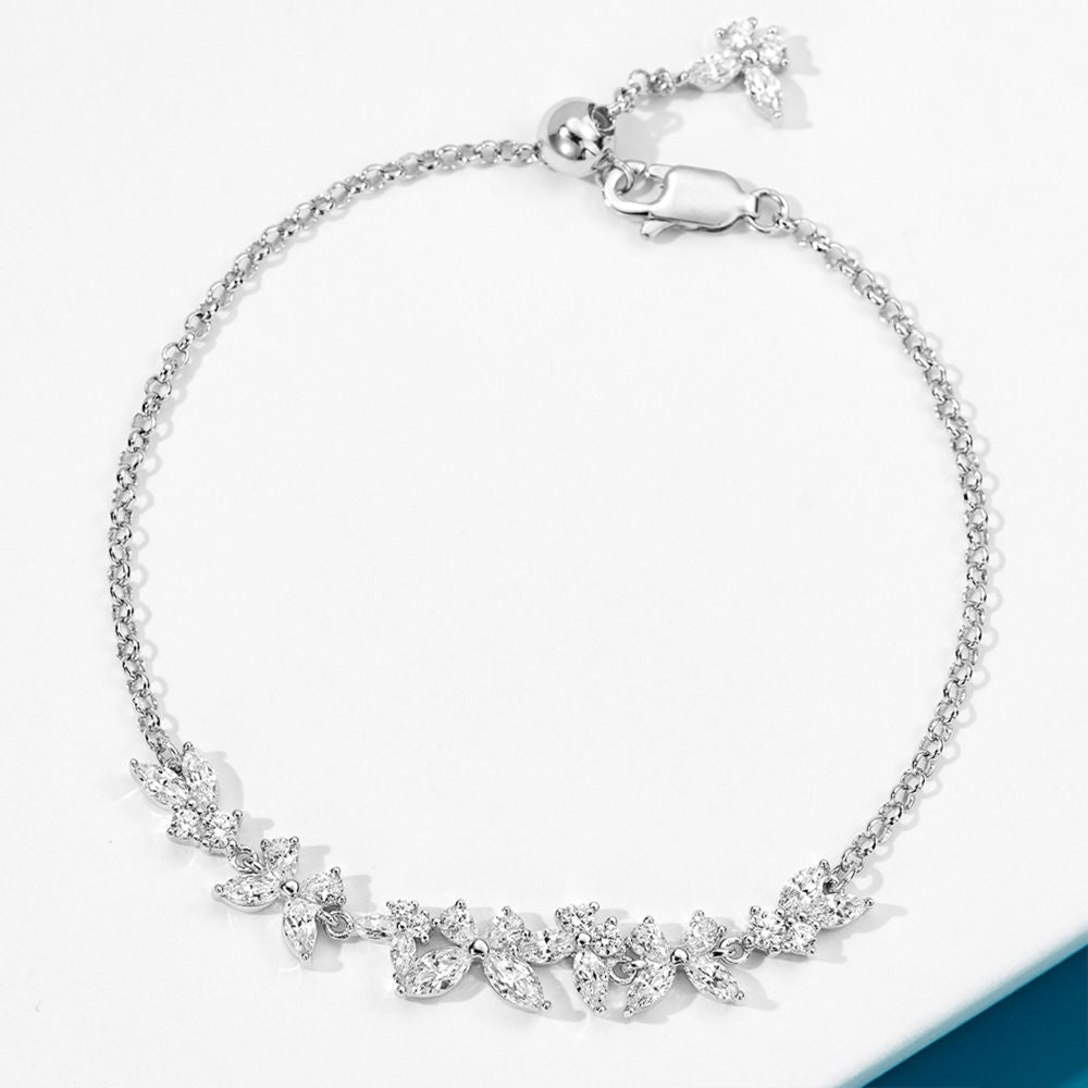 Sterling Silver CZ Leaf Cluster Bracelet – Adjustable Delicate Chain
