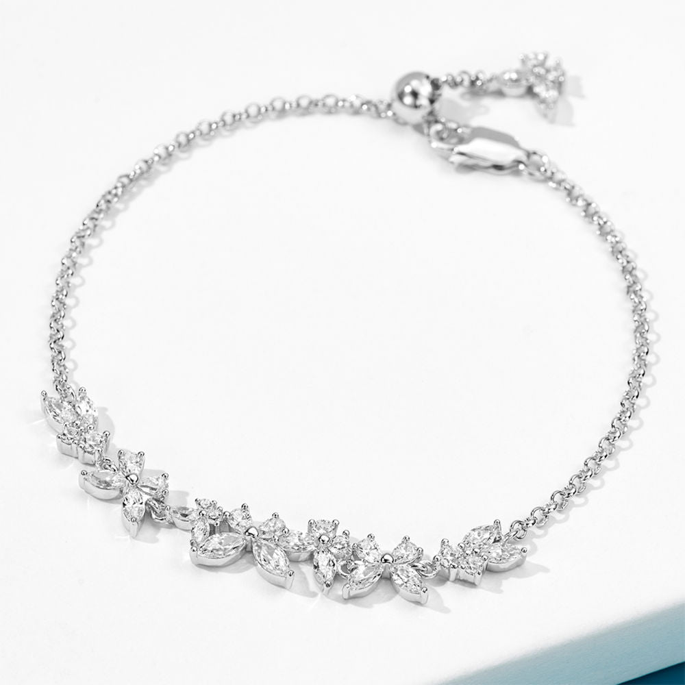Sterling Silver CZ Leaf Cluster Bracelet – Adjustable Delicate Chain