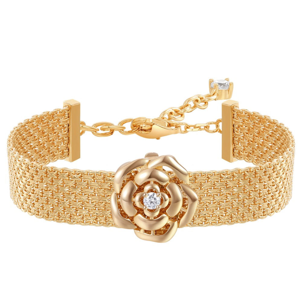 925 Sterling Silver camellia Flower Mesh Chain Bracelet with Cubic Zirconia Accents