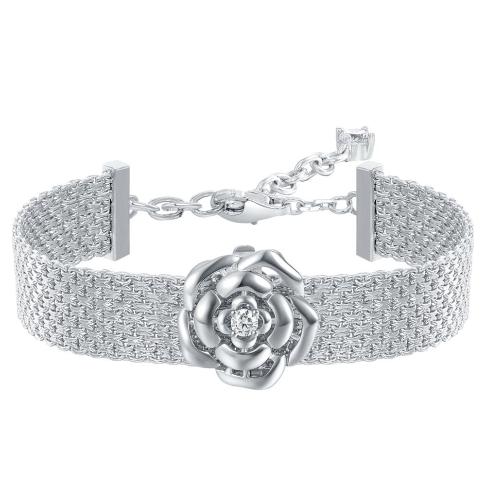 925 Sterling Silver camellia Flower Mesh Chain Bracelet with Cubic Zirconia Accents
