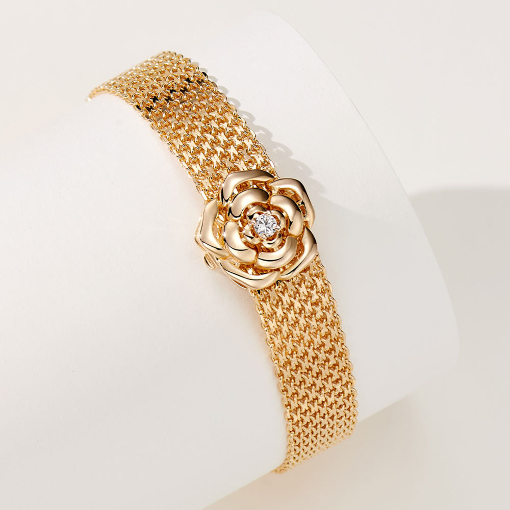 925 Sterling Silver camellia Flower Mesh Chain Bracelet with Cubic Zirconia Accents