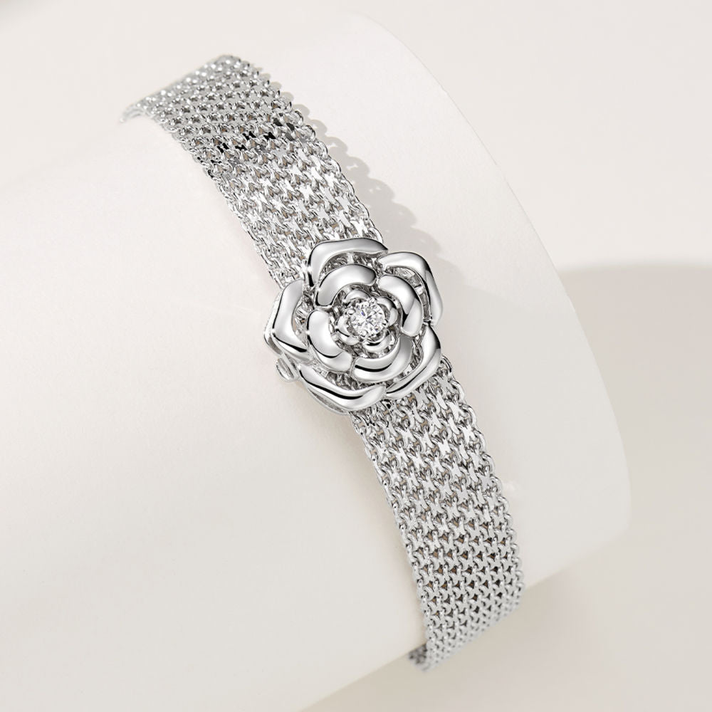 925 Sterling Silver camellia Flower Mesh Chain Bracelet with Cubic Zirconia Accents