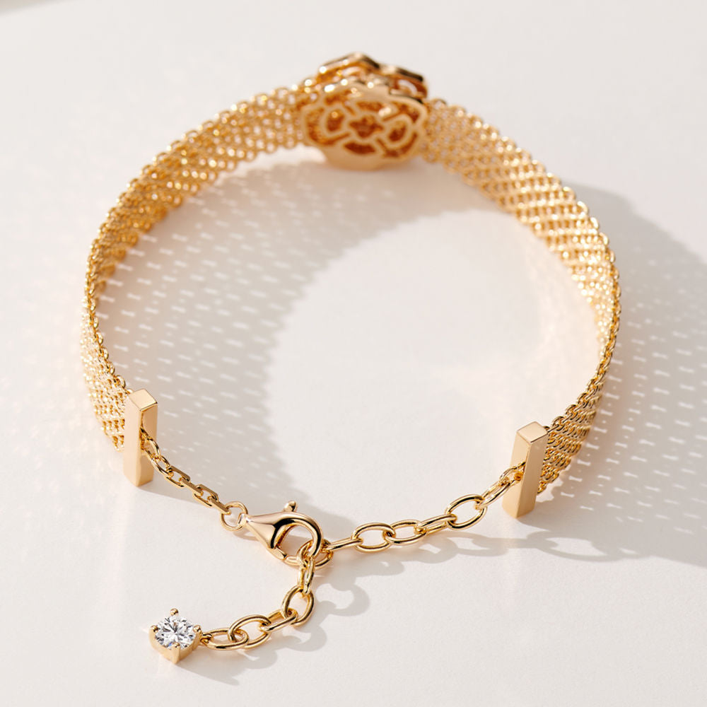 925 Sterling Silver camellia Flower Mesh Chain Bracelet with Cubic Zirconia Accents