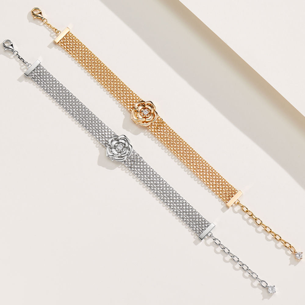 925 Sterling Silver camellia Flower Mesh Chain Bracelet with Cubic Zirconia Accents