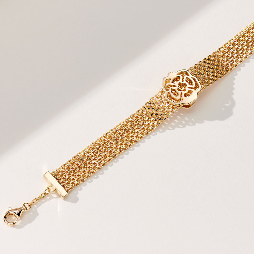 925 Sterling Silver camellia Flower Mesh Chain Bracelet with Cubic Zirconia Accents