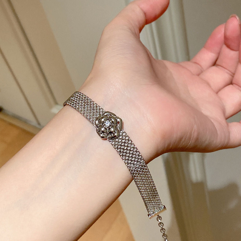 925 Sterling Silver camellia Flower Mesh Chain Bracelet with Cubic Zirconia Accents