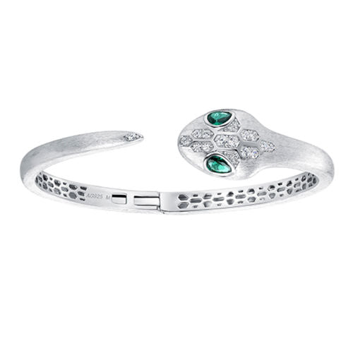 Sterling Silver Snake Head Open Bangle Bracelet with Green and Clear Cubic Zirconia