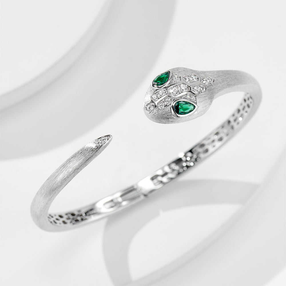 Sterling Silver Snake Head Open Bangle Bracelet with Green and Clear Cubic Zirconia