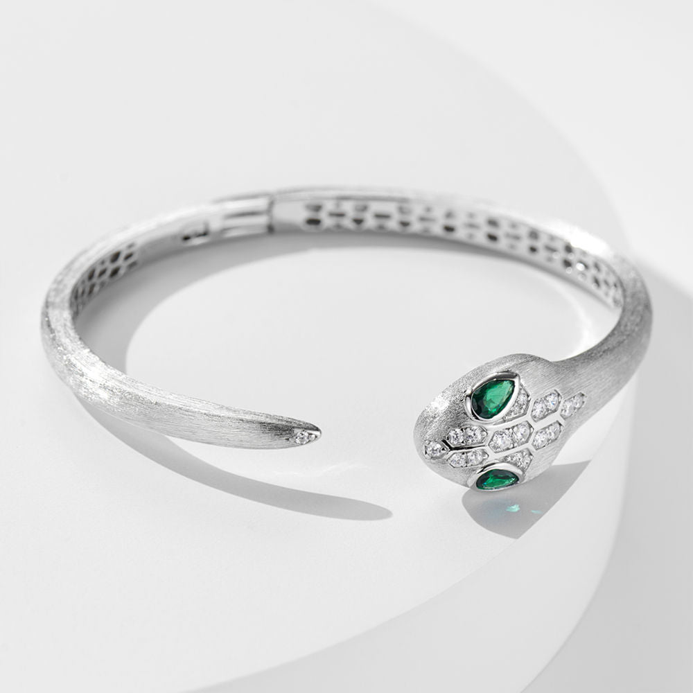 Sterling Silver Snake Head Open Bangle Bracelet with Green and Clear Cubic Zirconia