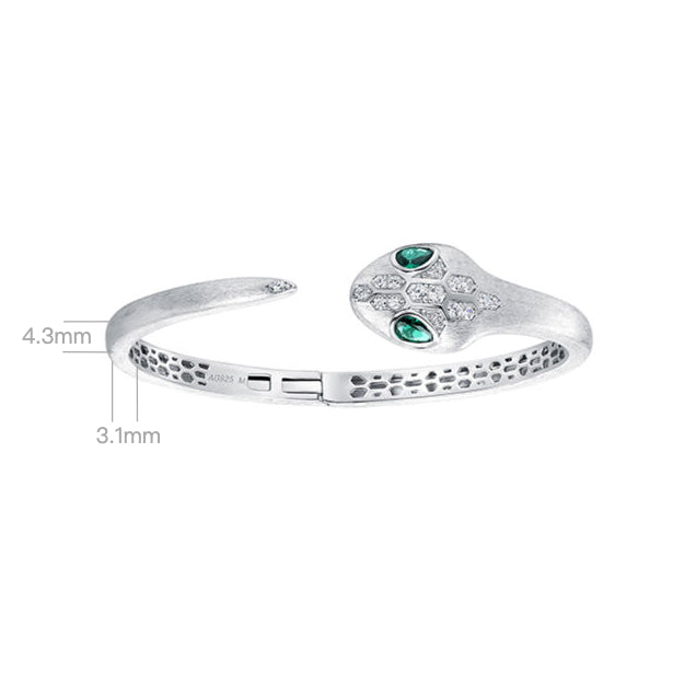 Sterling Silver Snake Head Open Bangle Bracelet with Green and Clear Cubic Zirconia