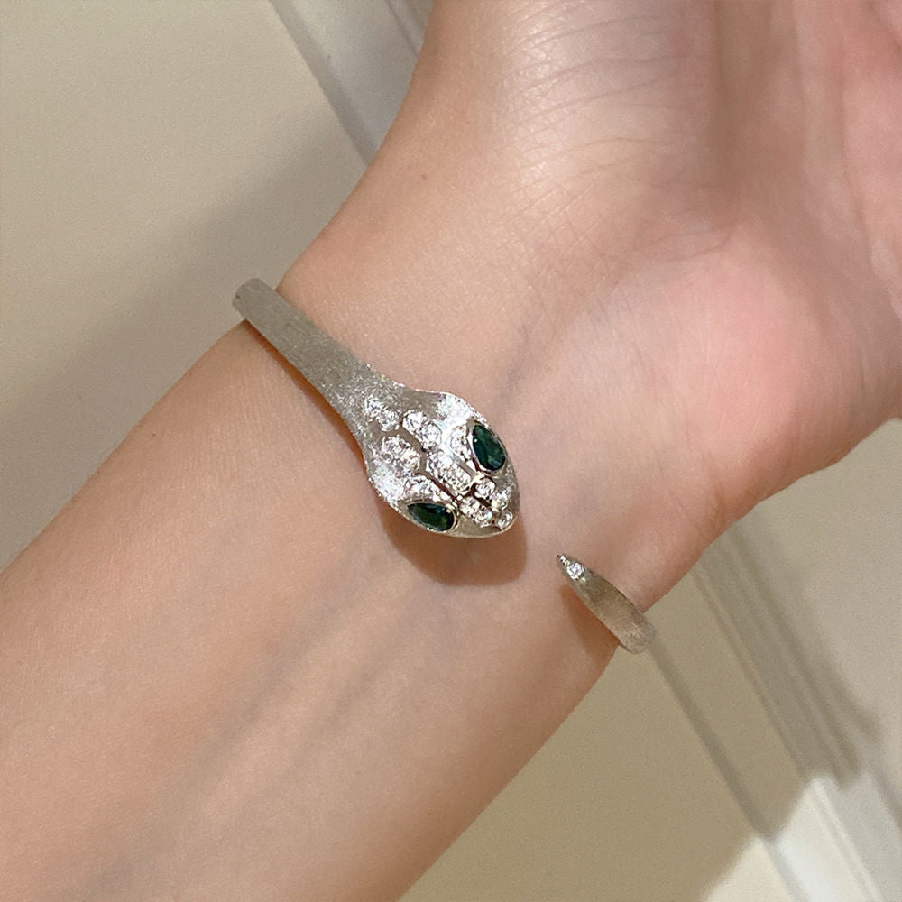 Sterling Silver Snake Head Open Bangle Bracelet with Green and Clear Cubic Zirconia