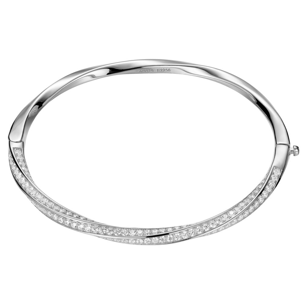 Sterling Silver Twisted Bangle Bracelet with Pavé-Set Cubic Zirconia