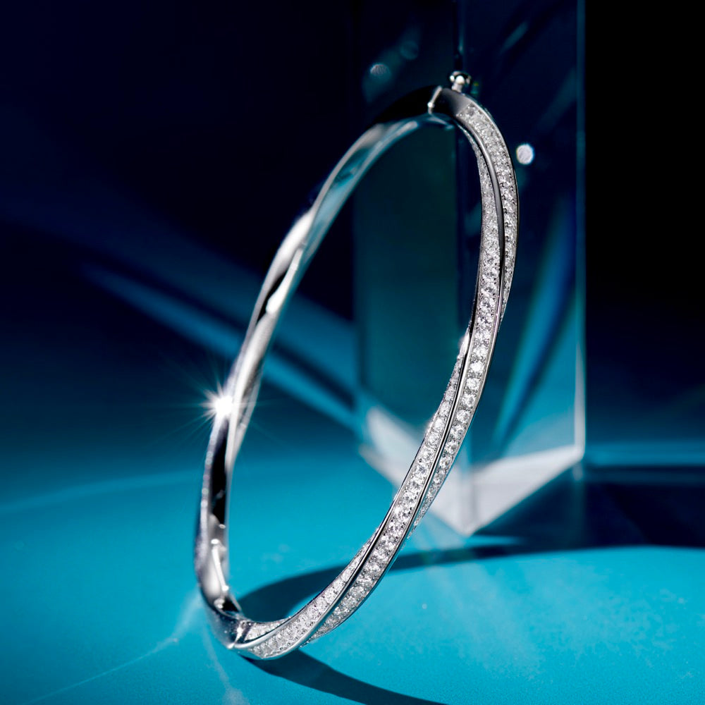 Sterling Silver Twisted Bangle Bracelet with Pavé-Set Cubic Zirconia