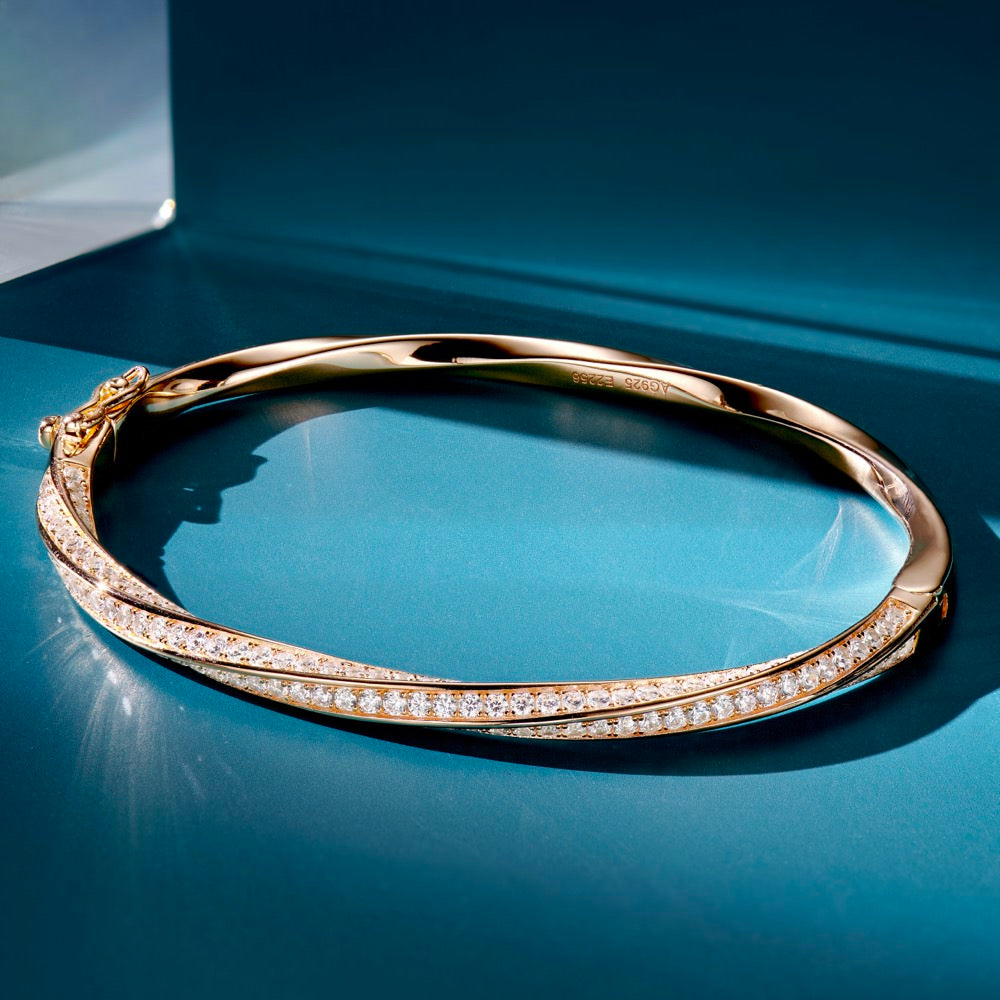 Sterling Silver Twisted Bangle Bracelet with Pavé-Set Cubic Zirconia