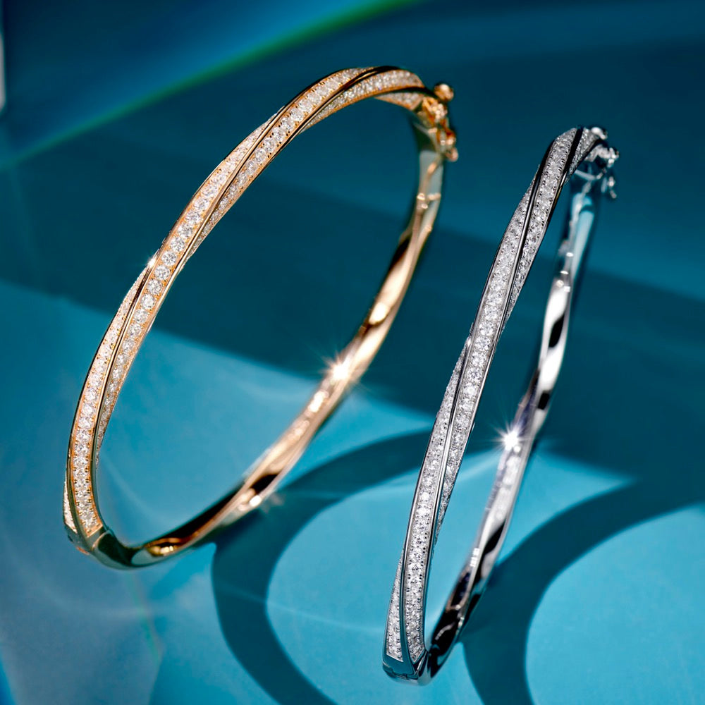 Sterling Silver Twisted Bangle Bracelet with Pavé-Set Cubic Zirconia